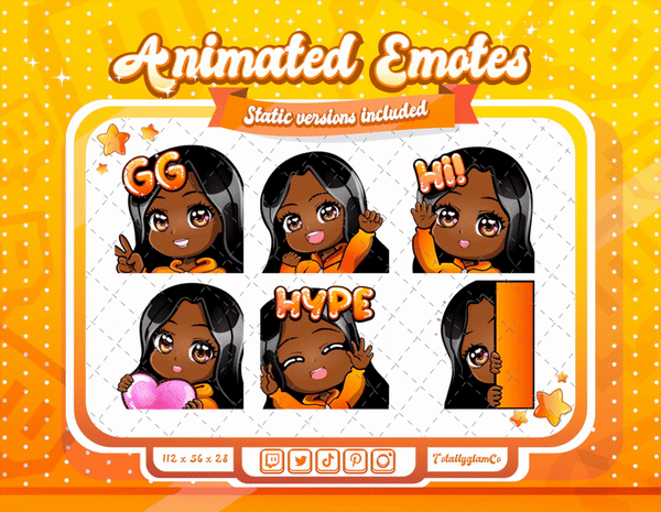 Animated black girl orange chibi glam emotes V1