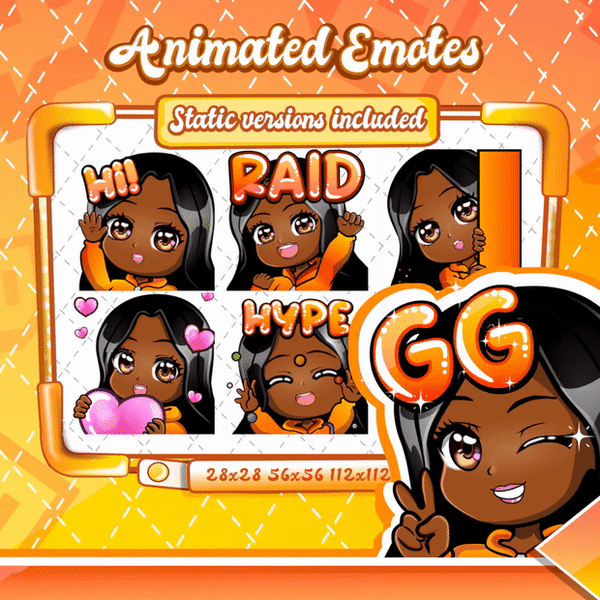 Animated black girl orange chibi glam emotes V1