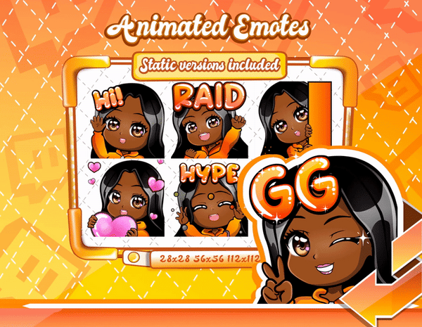 Animated black girl orange chibi glam emotes V1