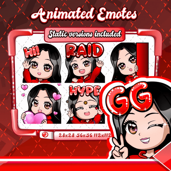 Animated black haired red chibi emotes V1