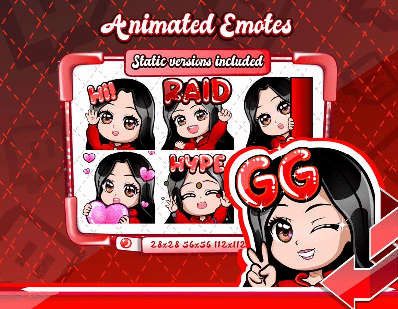 Animated black haired red chibi emotes V1