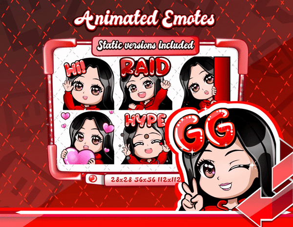 Animated black haired red chibi emotes V1