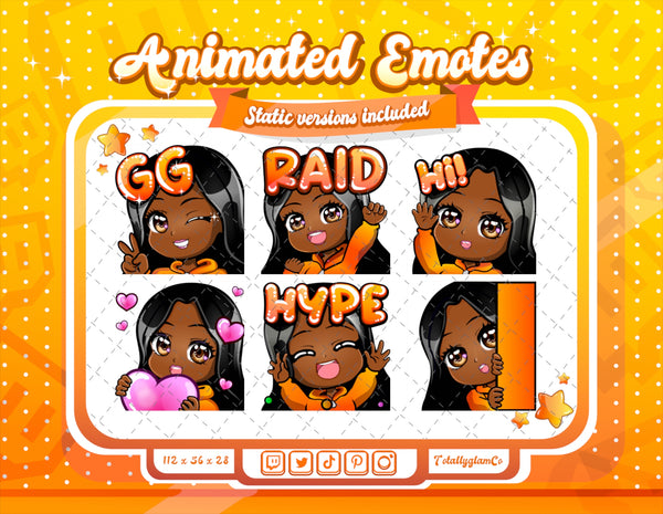 Animated black girl orange chibi glam emotes V1
