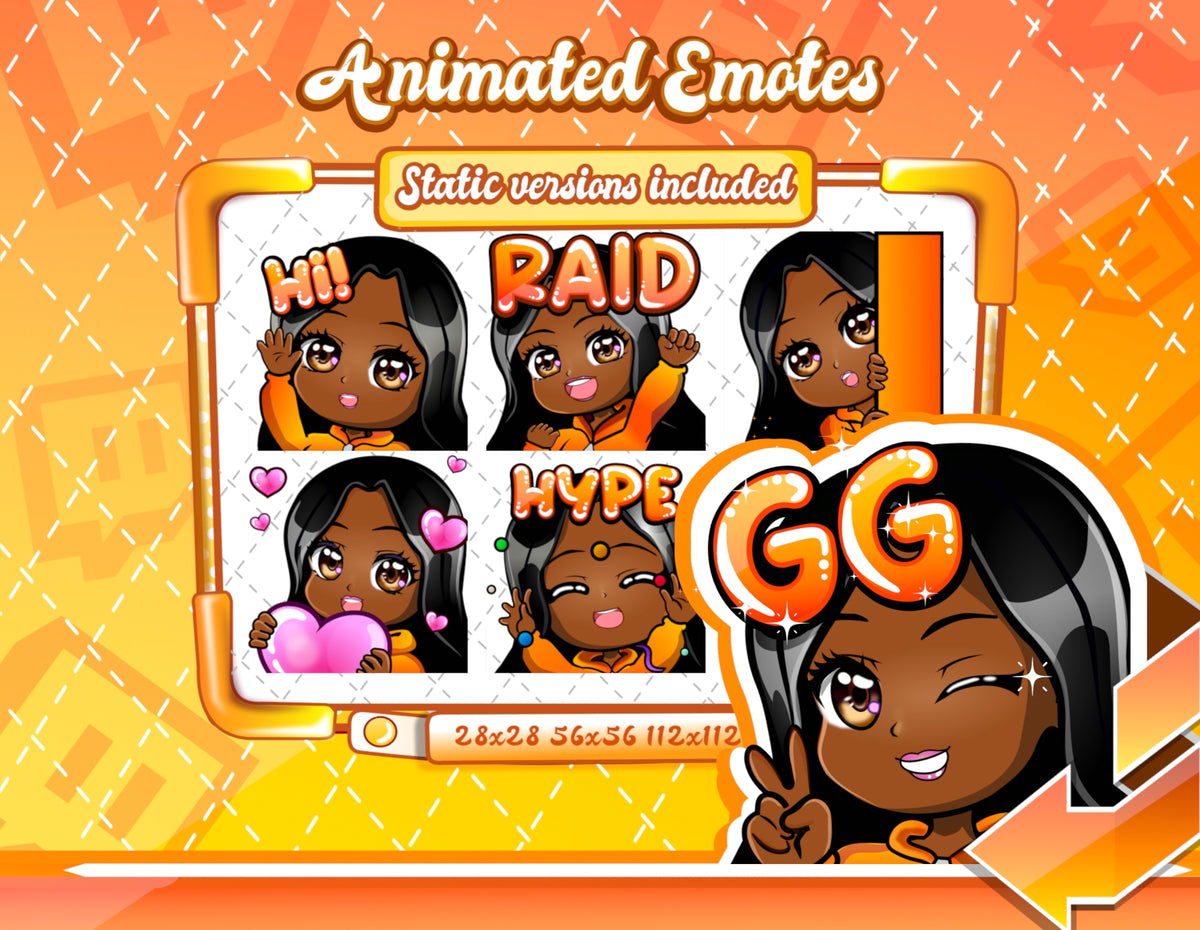 Animated black girl orange chibi glam emotes V1