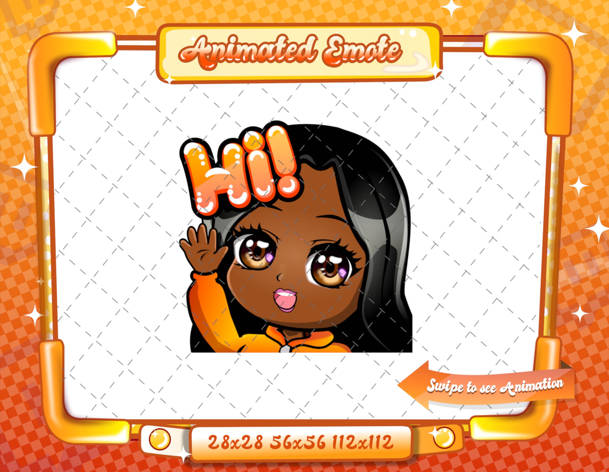 Animated black girl orange chibi glam emotes V1