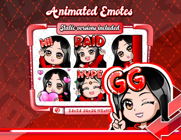 Animated black haired red chibi emotes V1