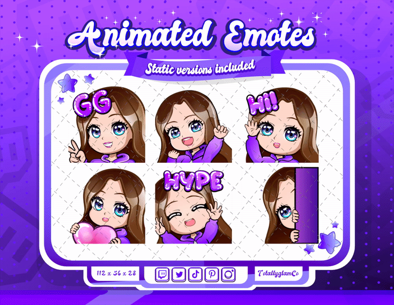 Animated Brown haired purple chibi emotes V1