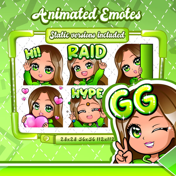 Animated Brown haired green chibi emotes V1