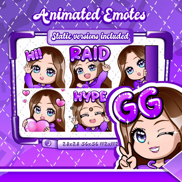 Animated Brown haired purple chibi emotes V1