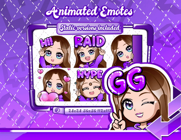Animated Brown haired purple chibi emotes V1