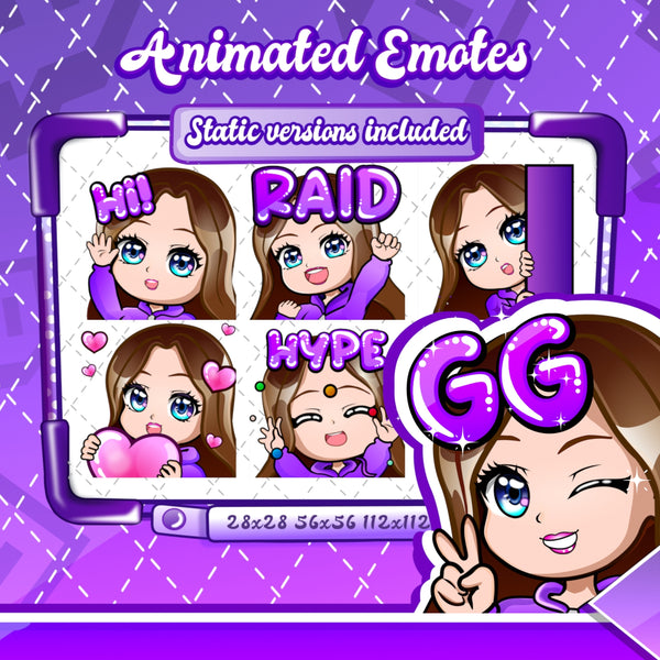 Animated Brown haired purple chibi emotes V1