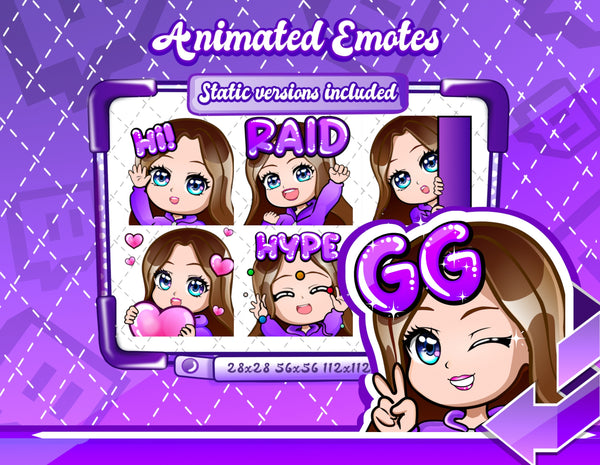 Animated Brown haired purple chibi emotes V1