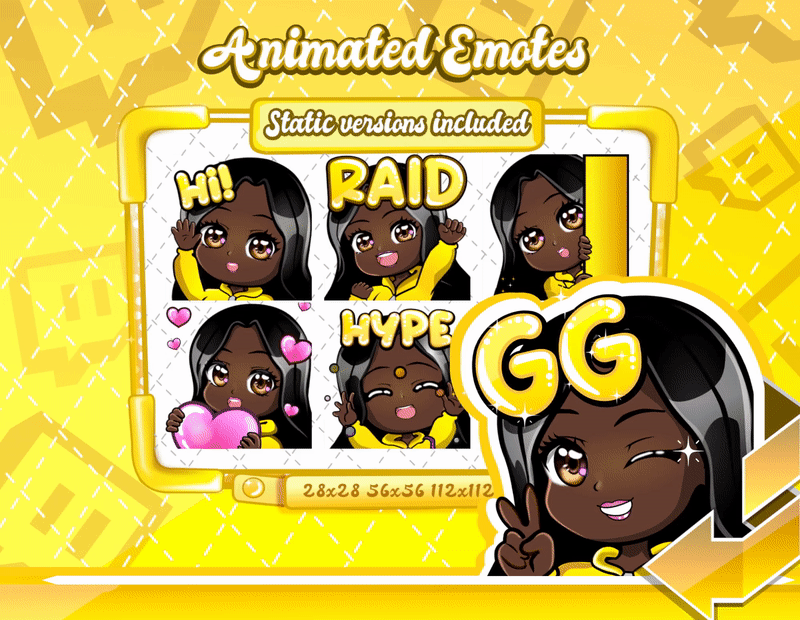Animated black girl yellow chibi glam emotes V1