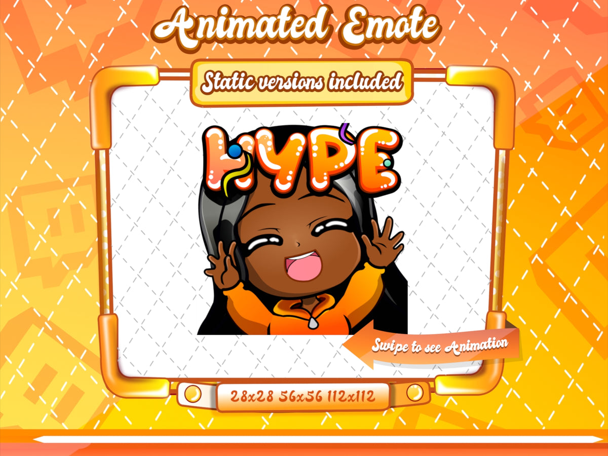 Animated black girl orange chibi glam hype emote