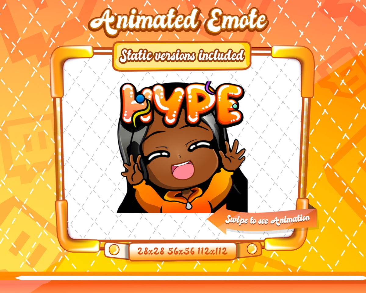 Animated black girl orange chibi glam hype emote