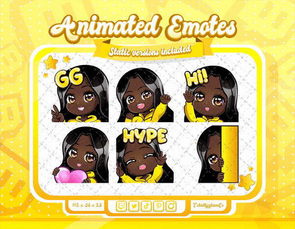 Animated black girl yellow chibi glam emotes V1