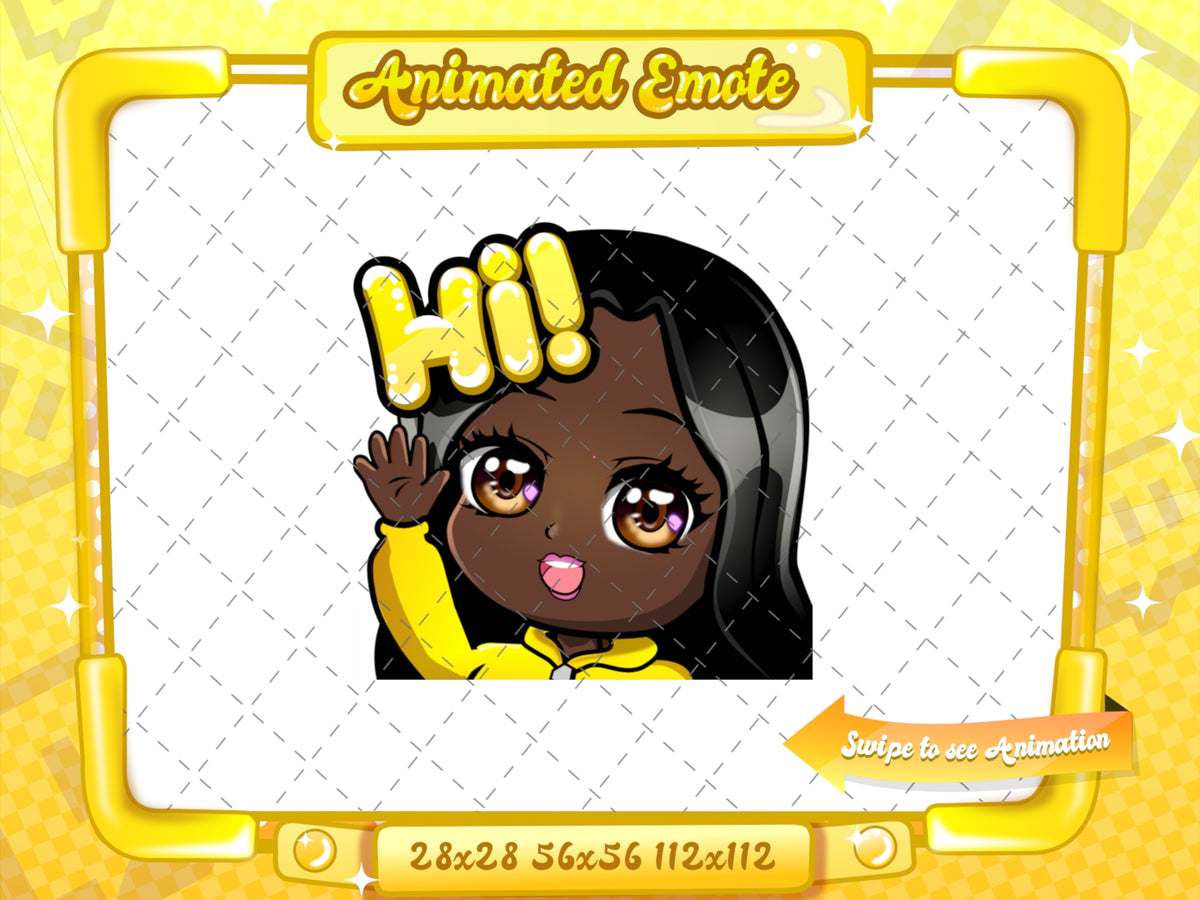 Animated black girl yellow chibi glam hi emote