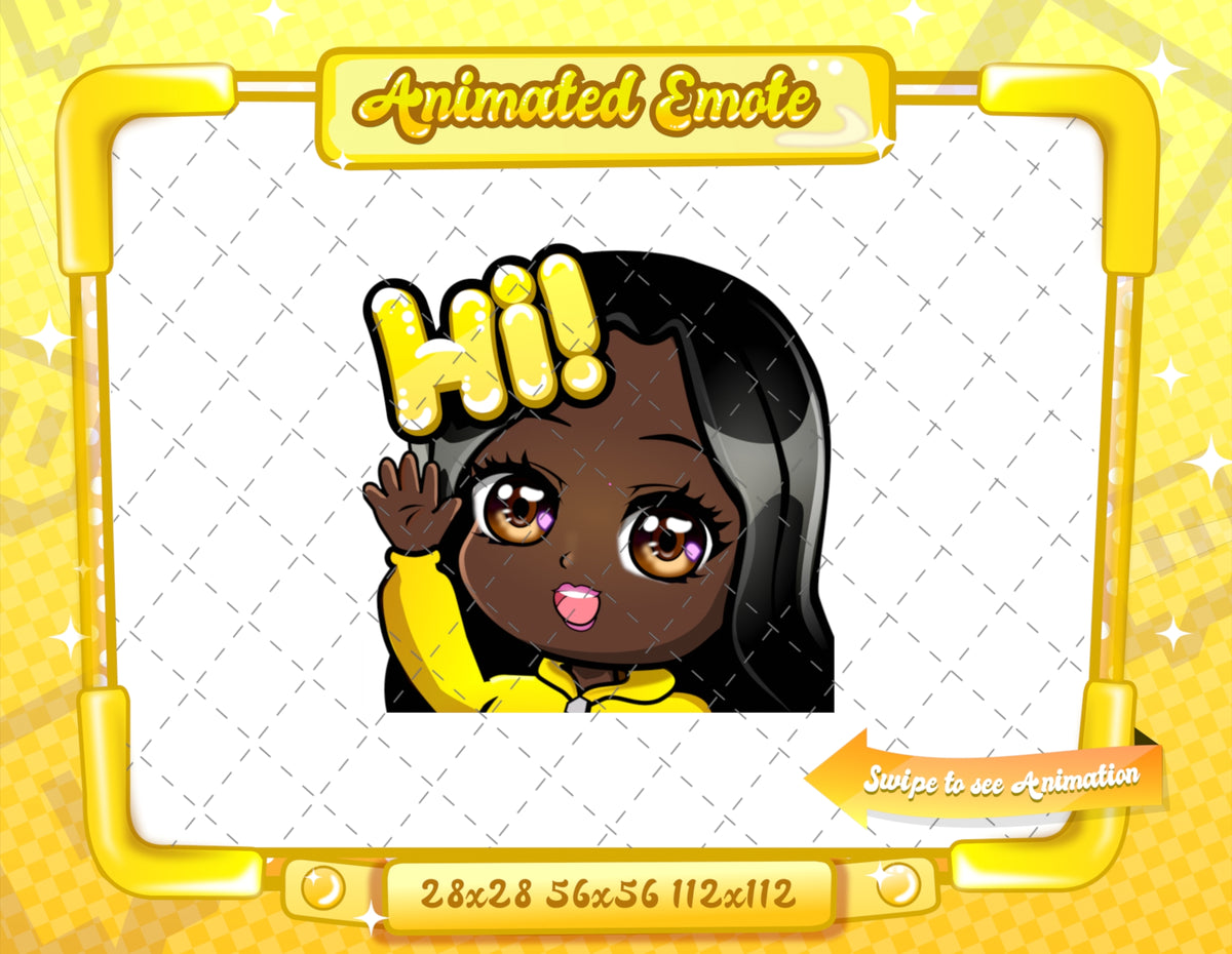 Animated black girl yellow chibi glam hi emote