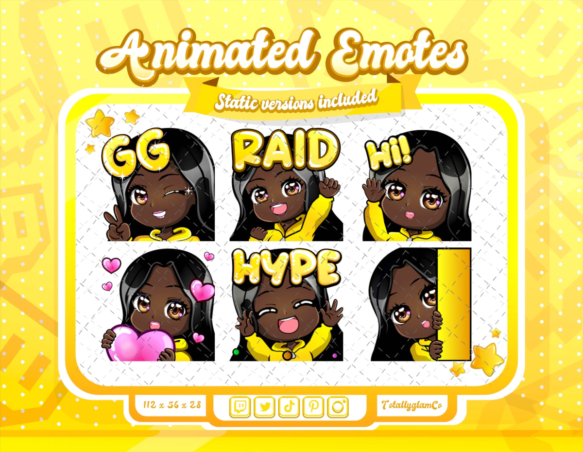 Animated black girl yellow chibi glam emotes V1