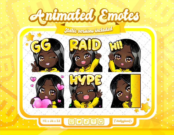 Animated black girl yellow chibi glam emotes V1
