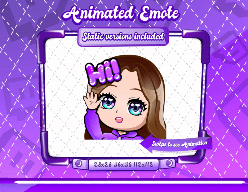 Animated chibi glam purple Hi emote