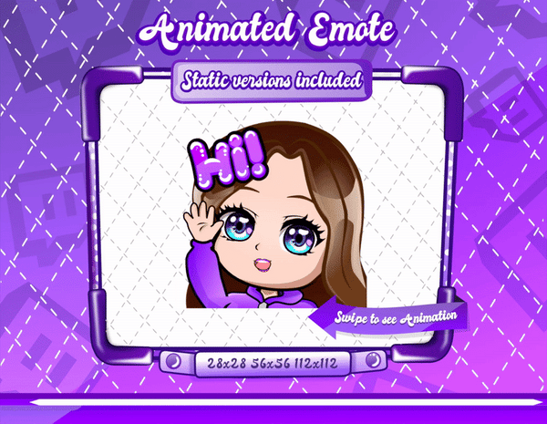 Animated chibi glam purple Hi emote