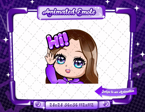 Animated chibi glam purple Hi emote