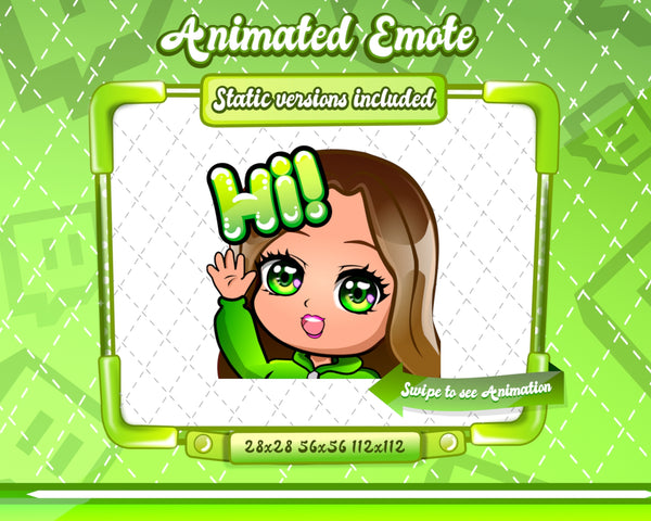 Animated chibi glam green Hi emote