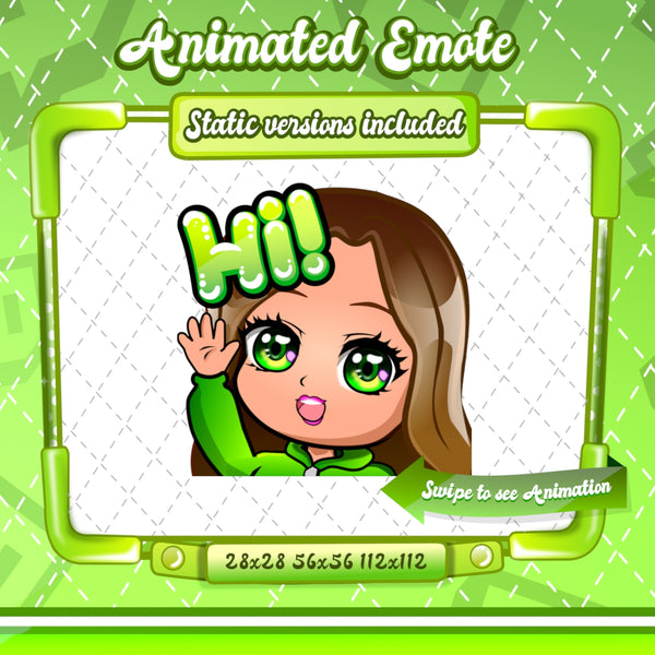 Animated chibi glam green Hi emote