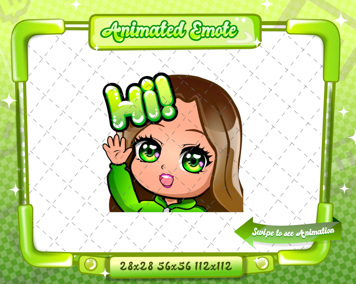 Animated chibi glam green Hi emote