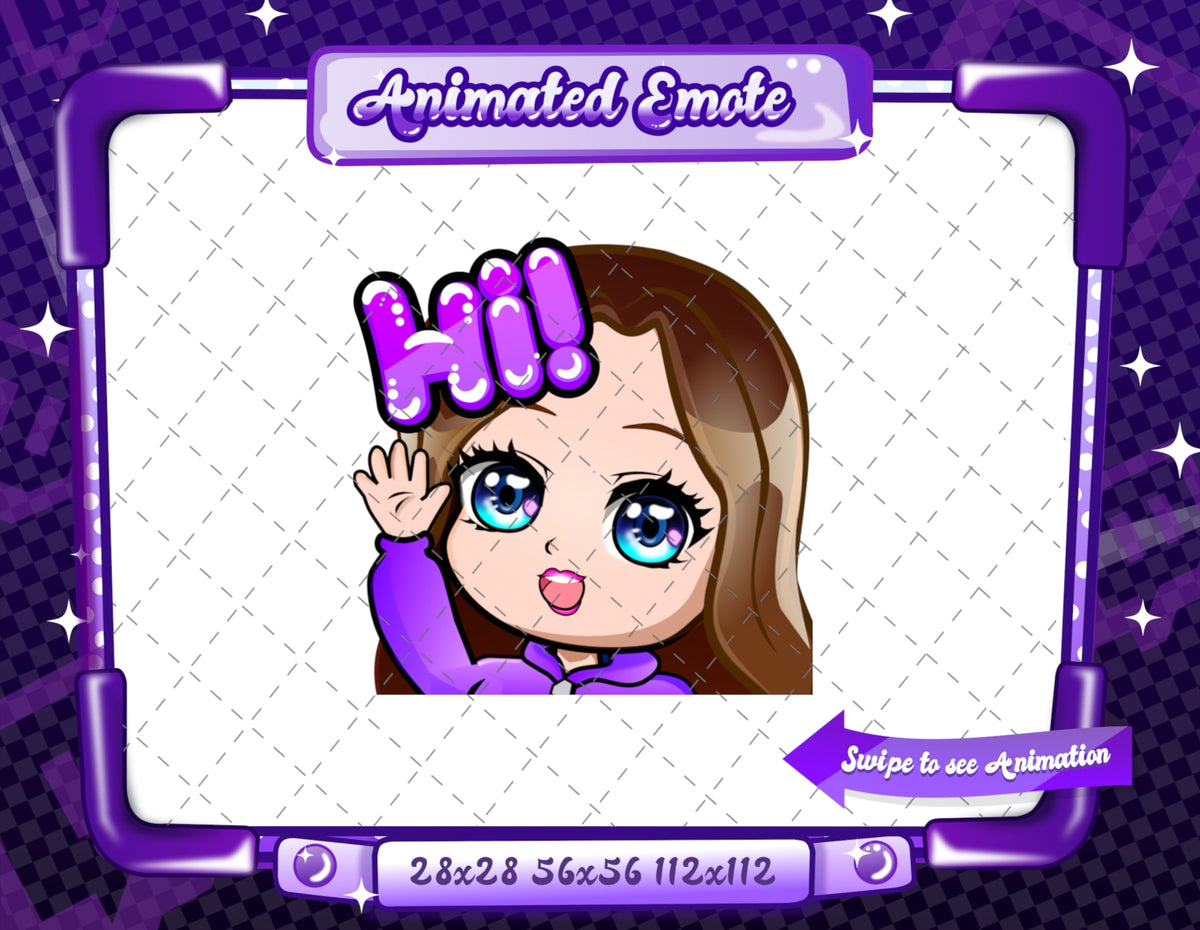 Animated chibi glam purple Hi emote