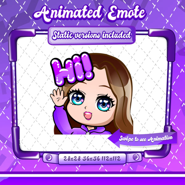 Animated chibi glam purple Hi emote