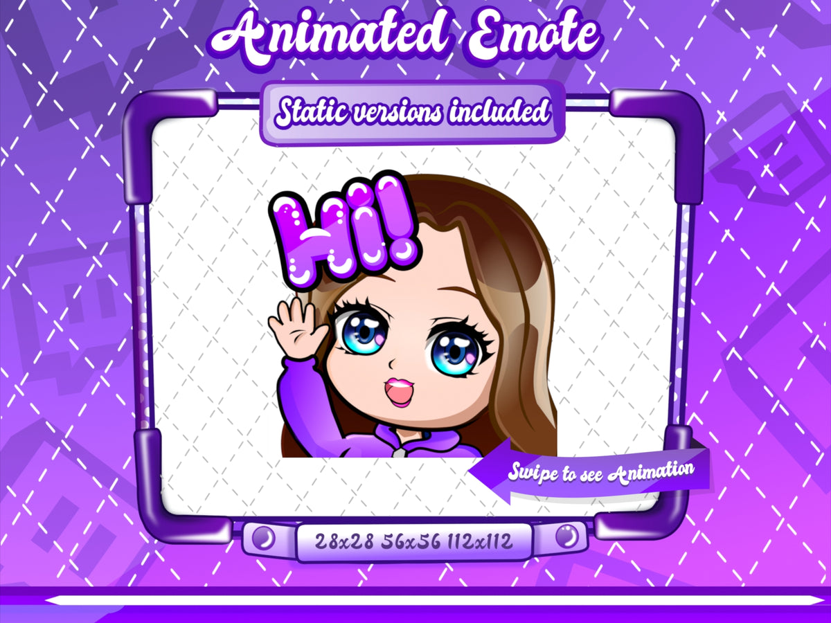 Animated chibi glam purple Hi emote