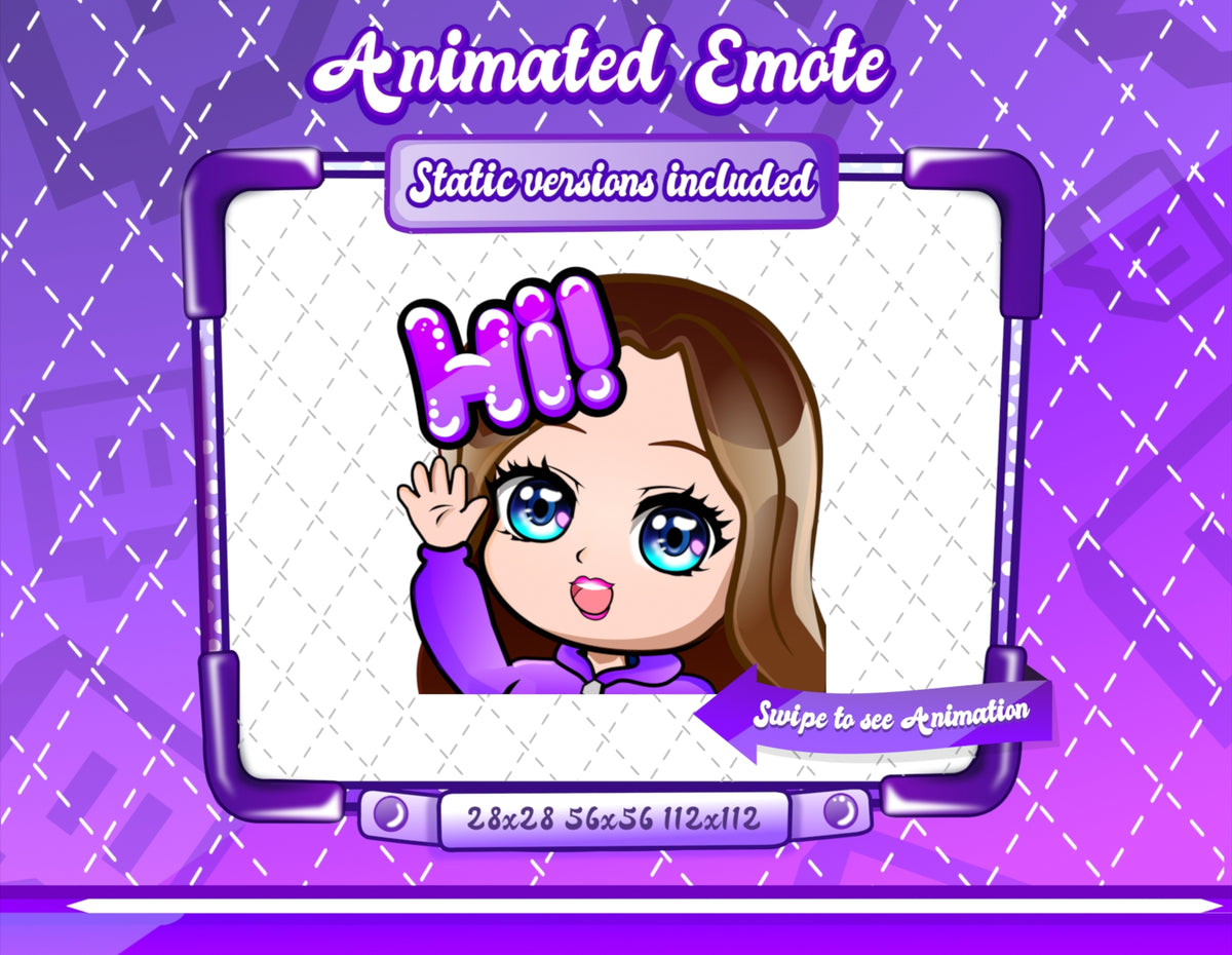 Animated chibi glam purple Hi emote