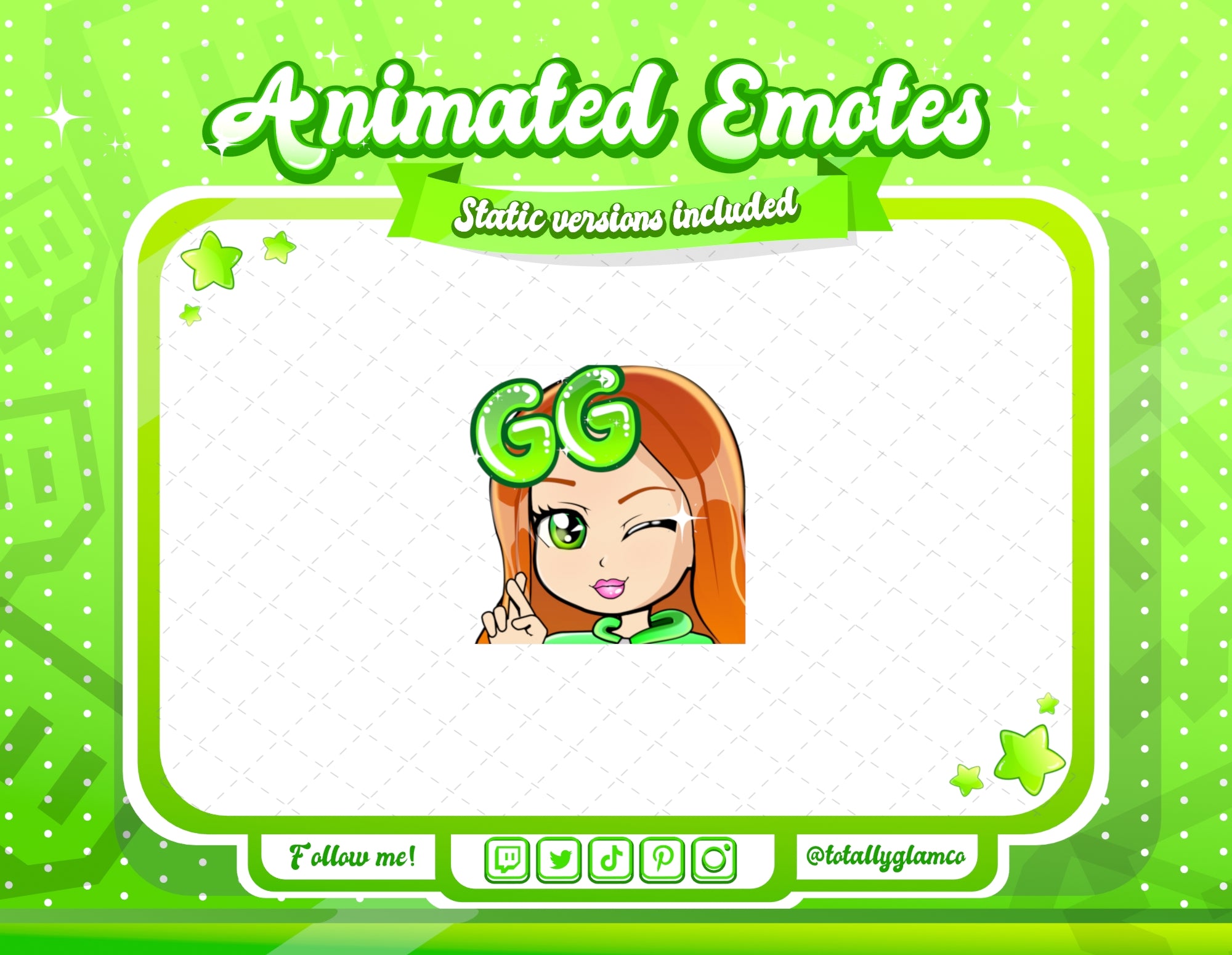 Animated chibi glam green Love emote – TotallyGlamCo